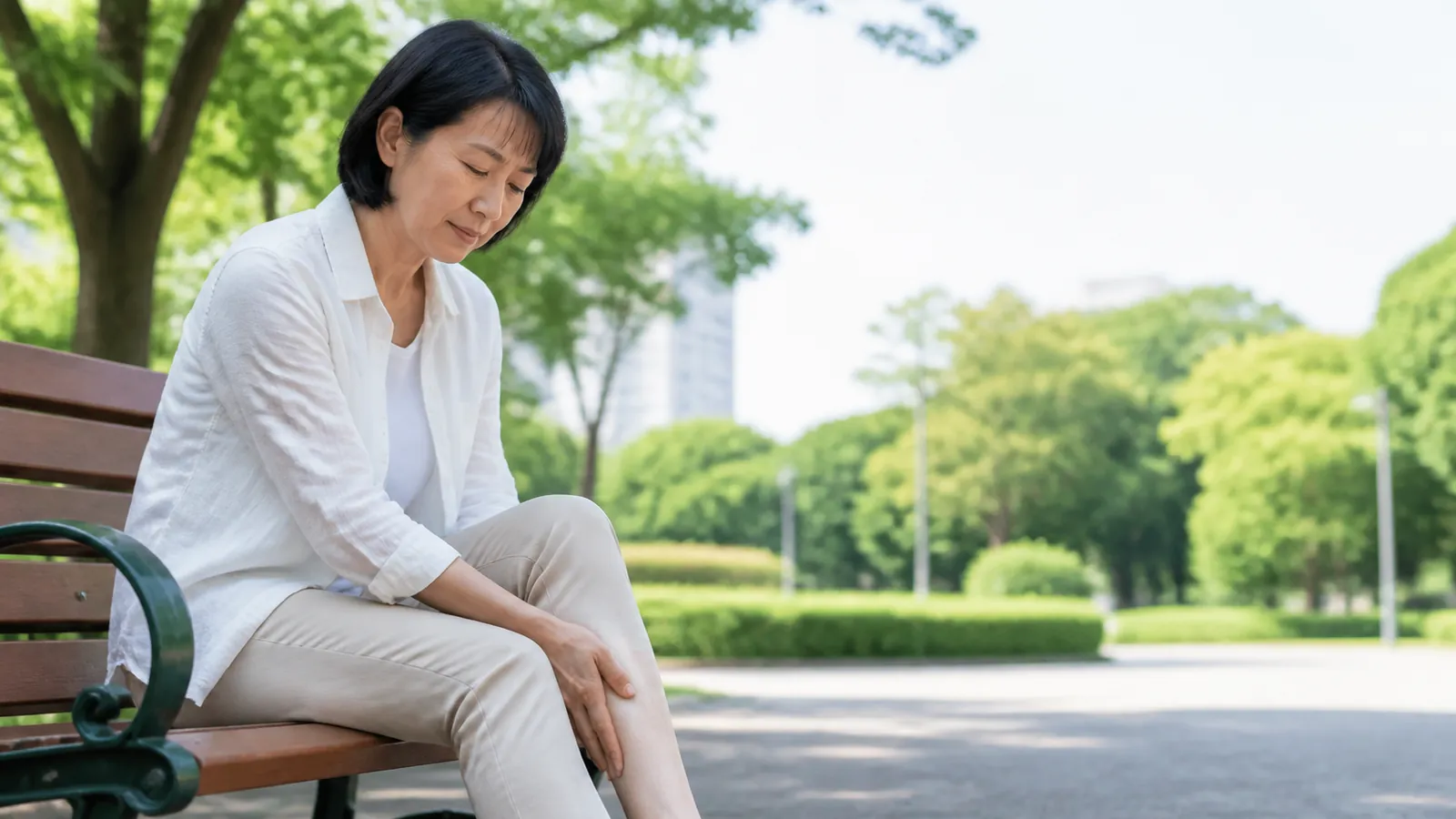 東亞年長女性在公園長椅上留意膝部狀況