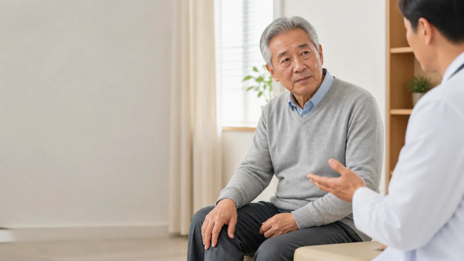 東亞年長男性與專業人員討論膝部狀況