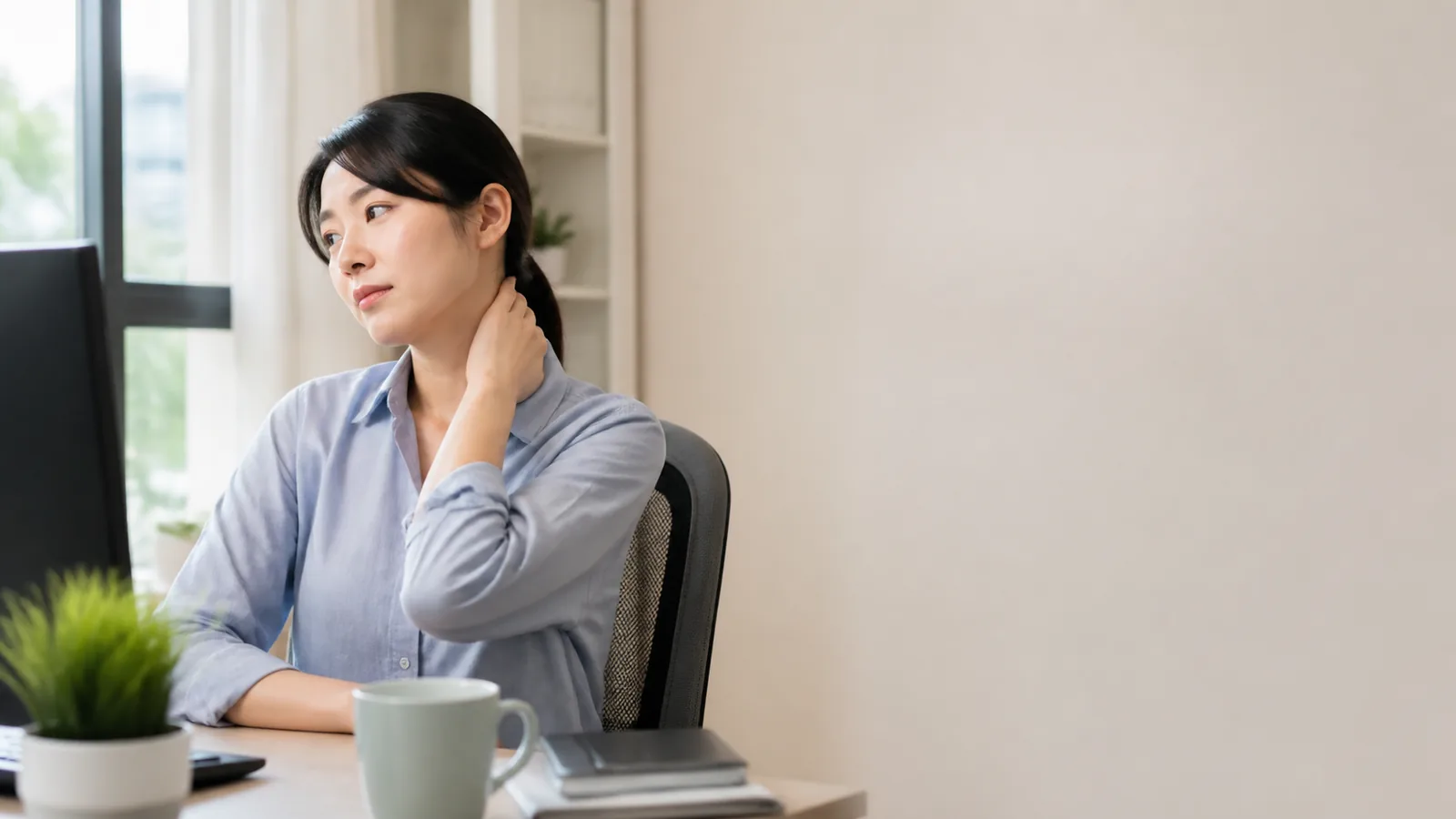 東亞女性在辦公桌旁輕觸頸部