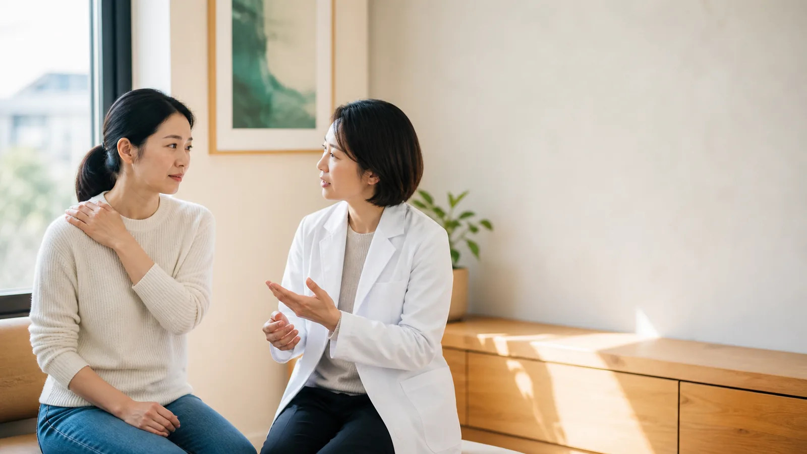 東亞女性輕觸肩部並與專業人員交談