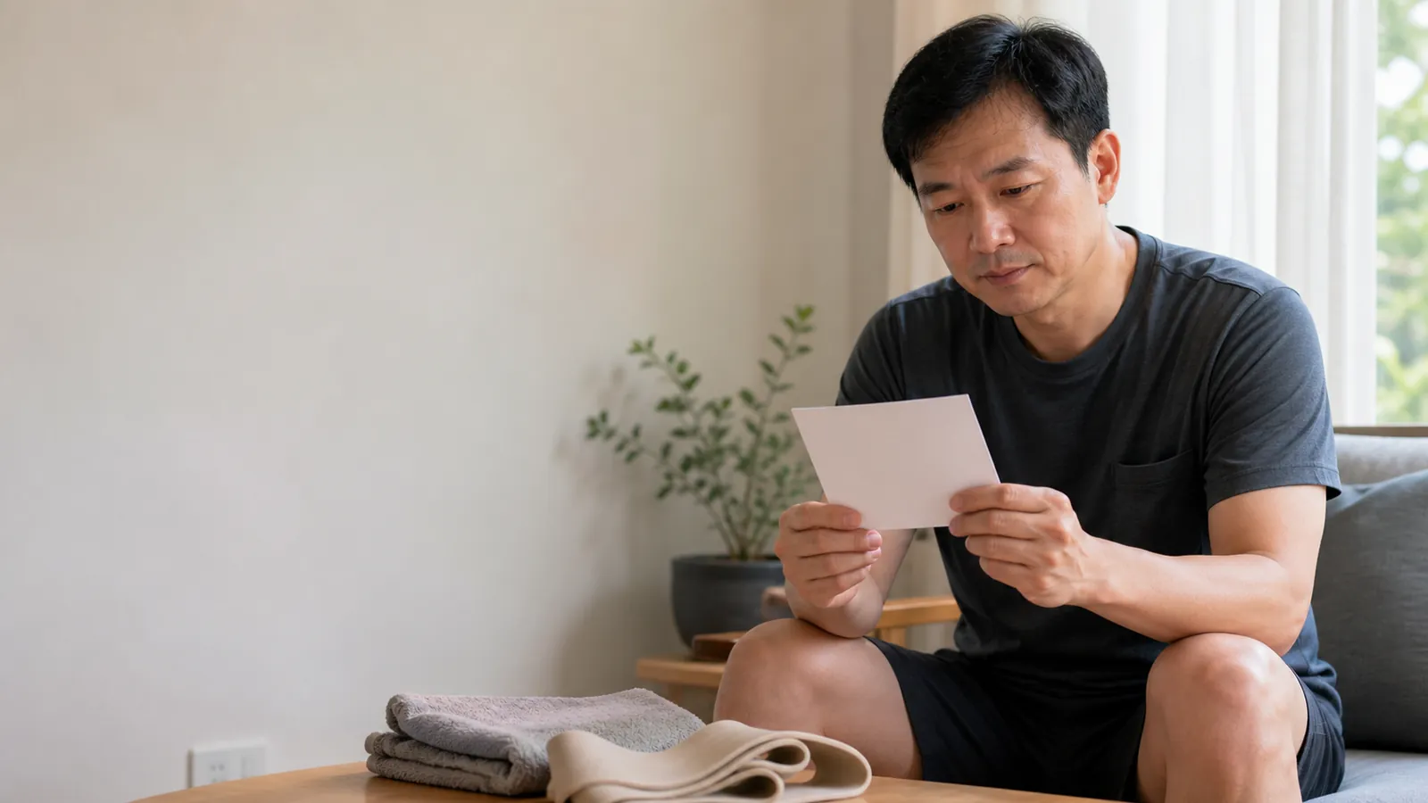 東亞男性在家中閱讀活動卡,桌上放有毛巾與彈力帶